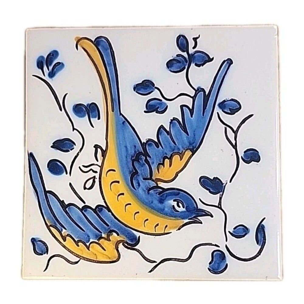 Viuva Lamego Lisboa Hand Painted Blue Yellow Bird Ceramic Tile 5.5" Portugal